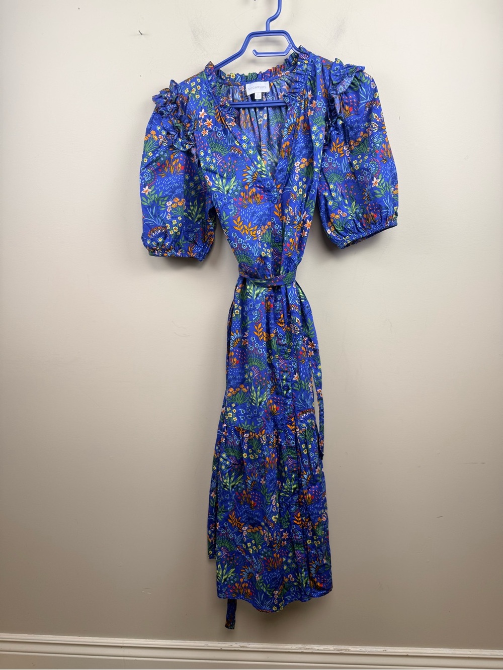 Sugar lips cotton blue floral V neck short sleeve dress medium